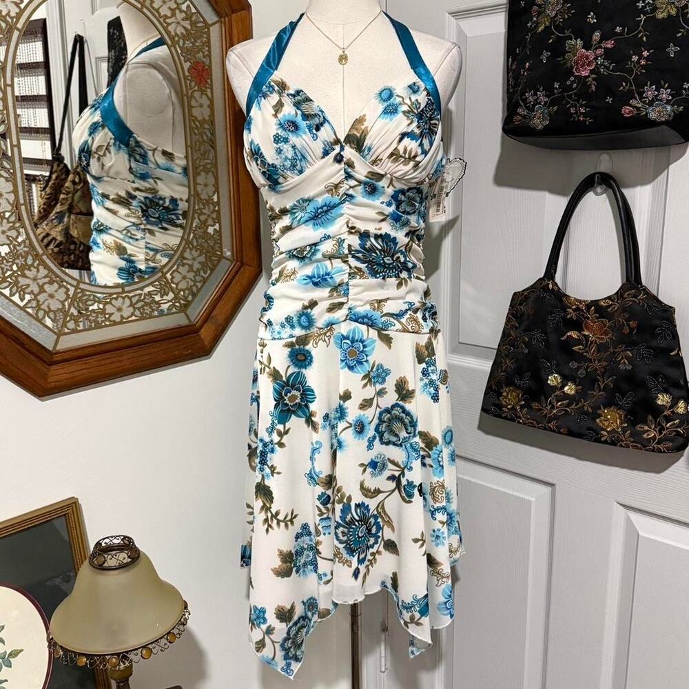 NWT VTG Y2K Love Tease White & Teal Blue Floral Mesh Ruched Fairycore Dress L